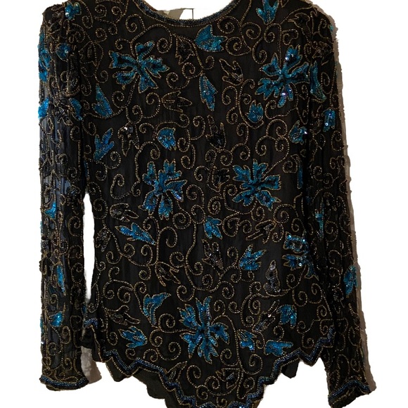Laurence Kazar Navy Blue Silk Beaded Sequined Festive Evening Formal Top S VTG - Picture 2 of 7